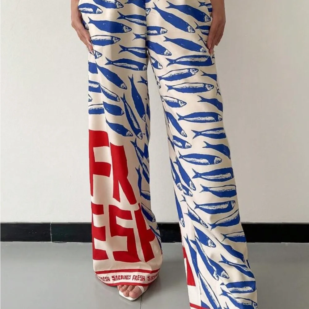 Sardine Print Wide Leg Palazzo Pants - Picture 3 of 4